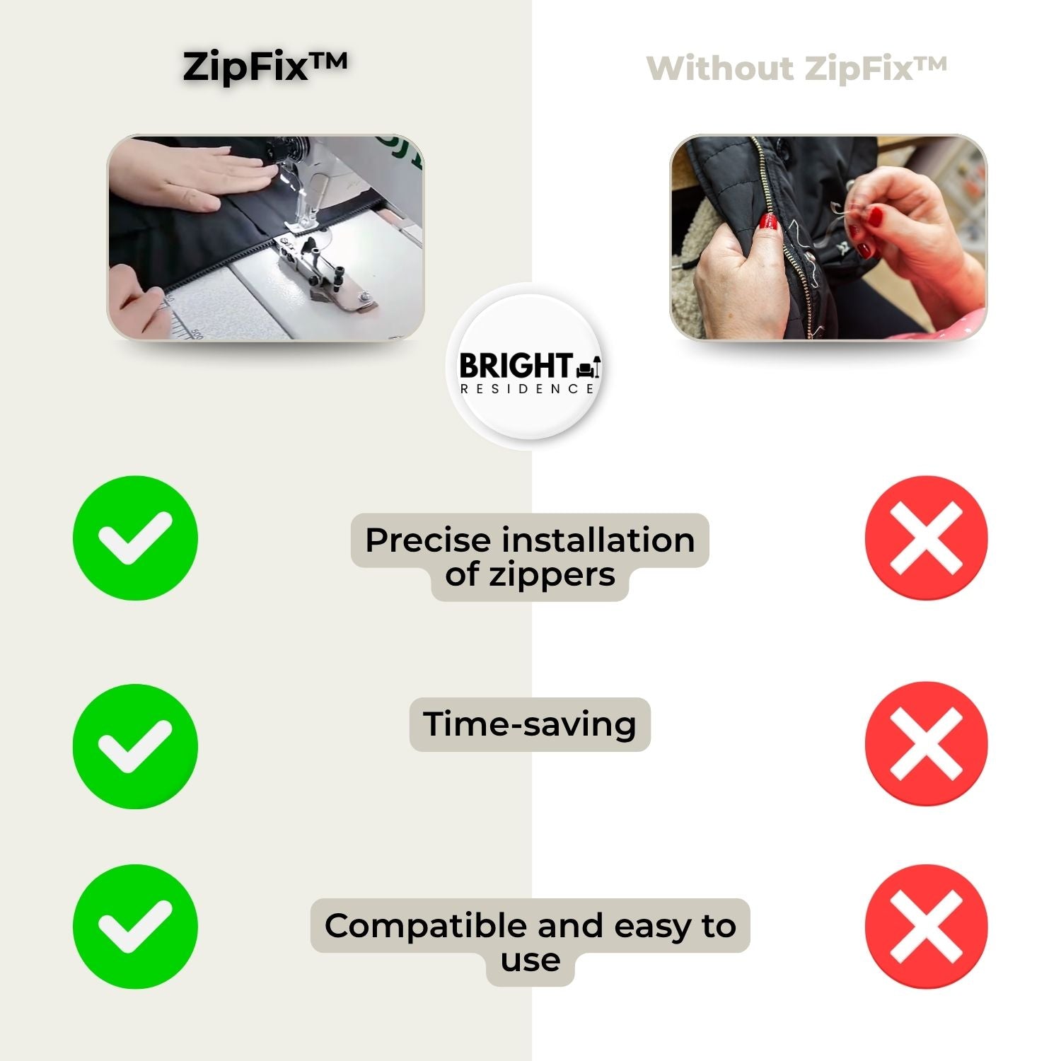 ZipFix™ - Zipper foot for positioning the stitch line